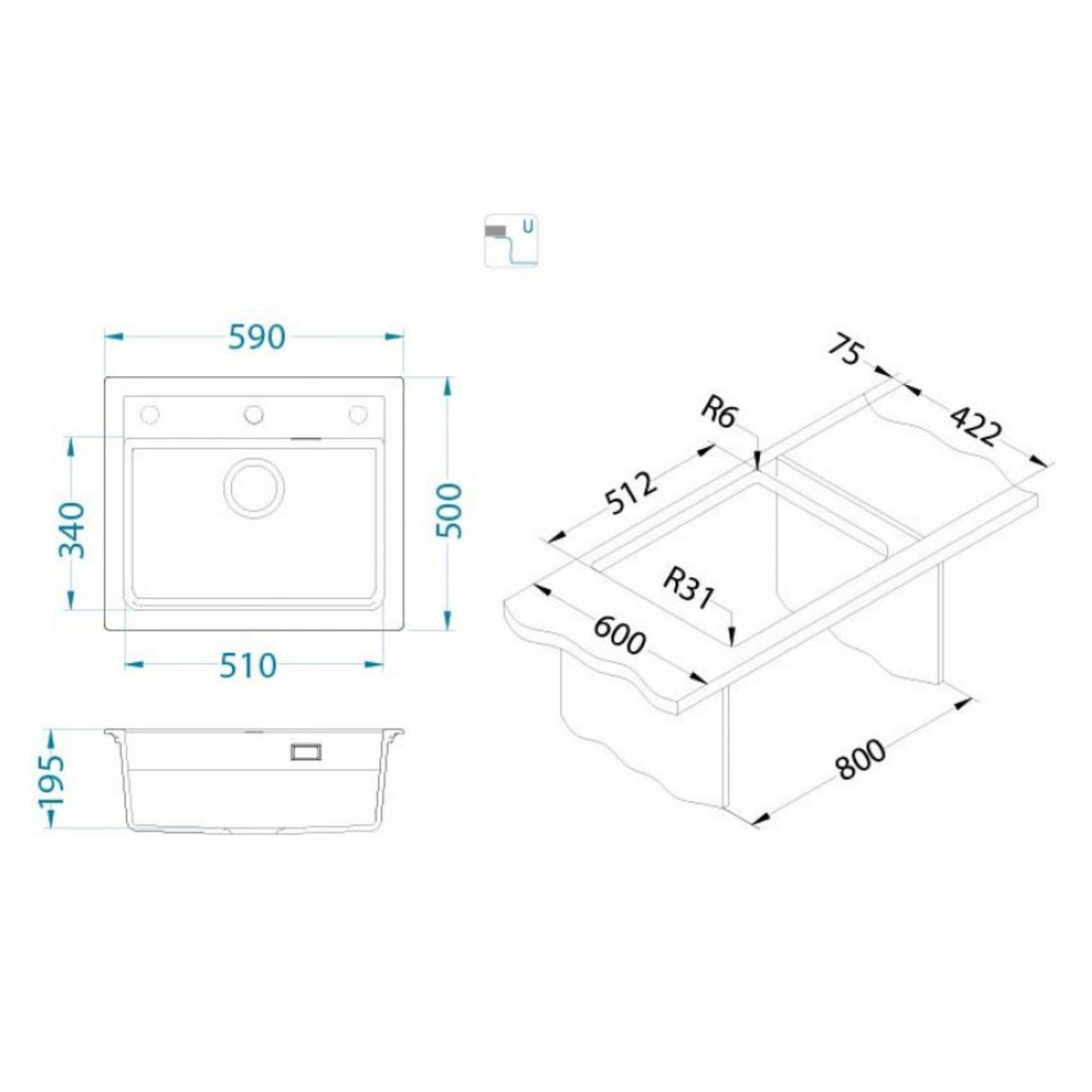 Technical drawing with dimensions for
Alveus Atrox 30 Sink for 600-800mm Cabinet in Single Bowl
