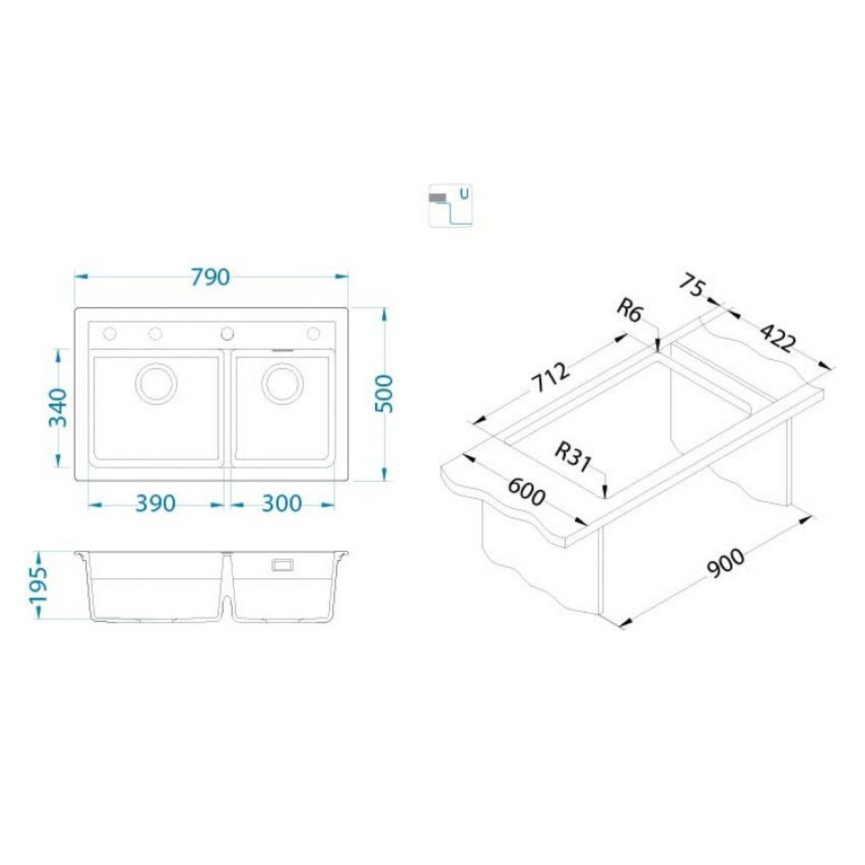 Technical drawing with dimensions for Alveus Atrox 50 Undermount Sink for 800-900mm Cabinet in Double Bowl