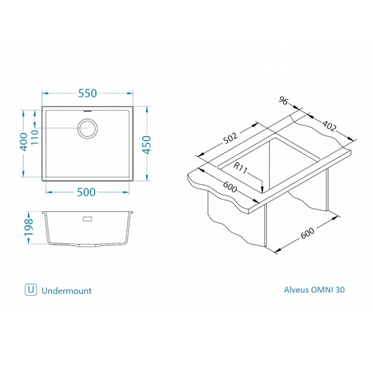 Technical drawing with dimensions for Alveus Omni 30 Undermount Sink for 600mm Cabinet in Single Bowl Black
