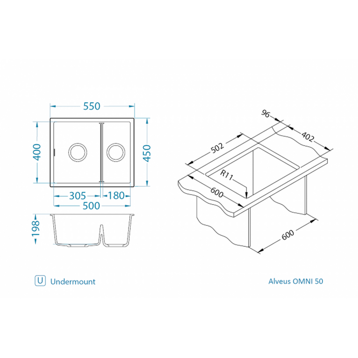 Technical drawing with dimensions for Alveus Omni 50 Undermount Sink for 600mm Cabinet in Single Bowl Single Drainer Black