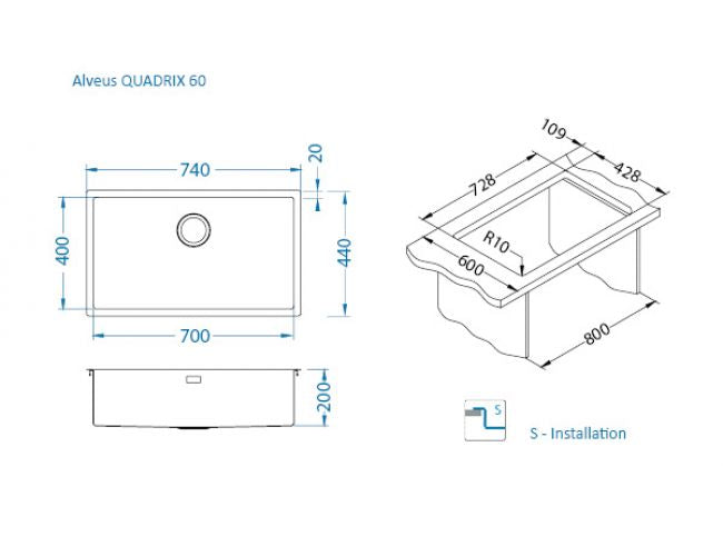 Alveus Monarch Quadrix 60 1.0 Bowl Flush Undermount & Inset Kitchen Sink