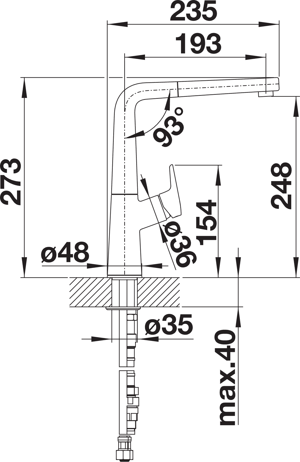 BLANCO Avona-S Single Lever Kitchen Mixer Tap with Pull-Out Spray Dimensions
