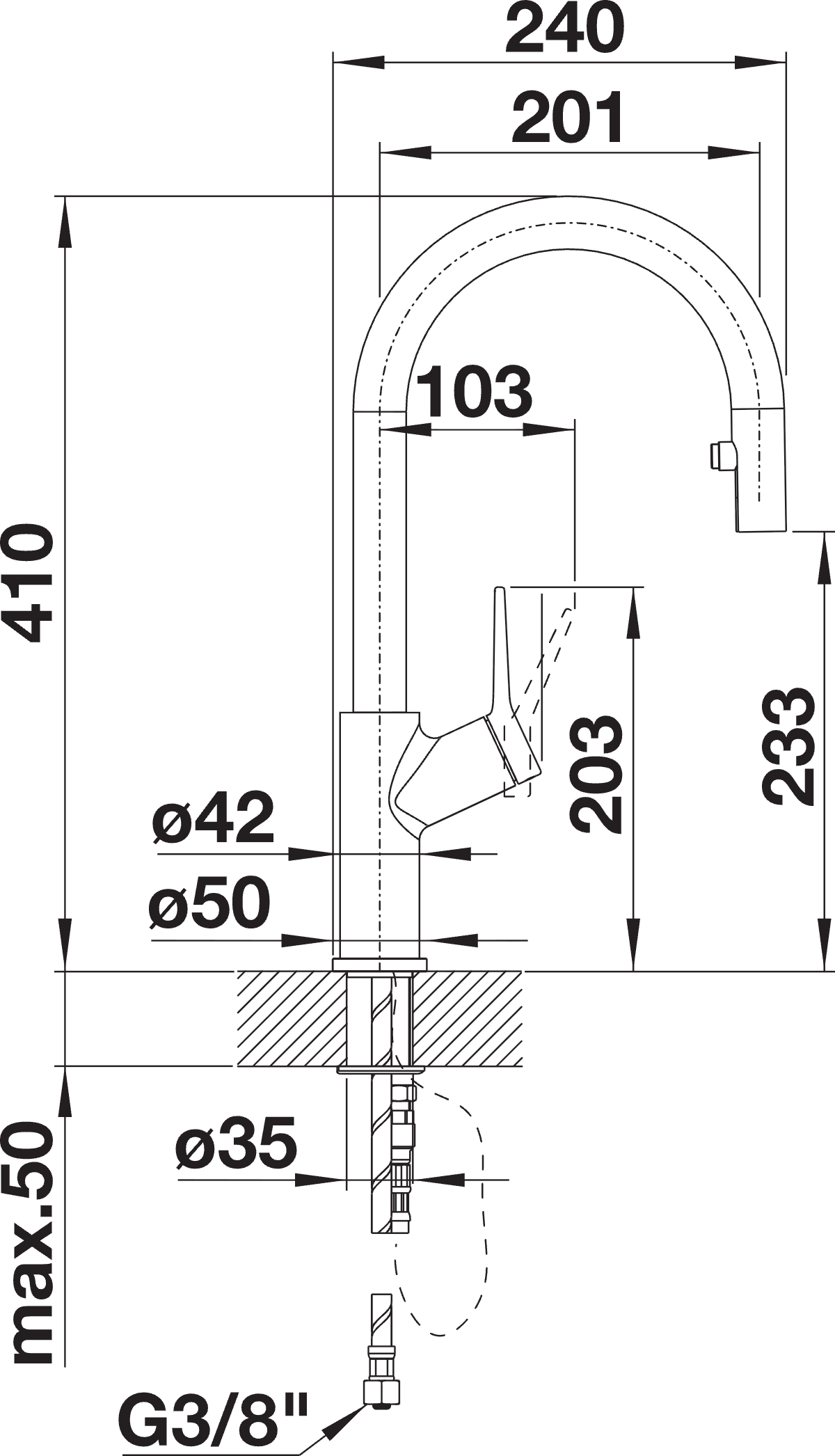 BLANCO Carena-S Vario Single Lever Kitchen Mixer Tap with Pull Out Spray Dimensions