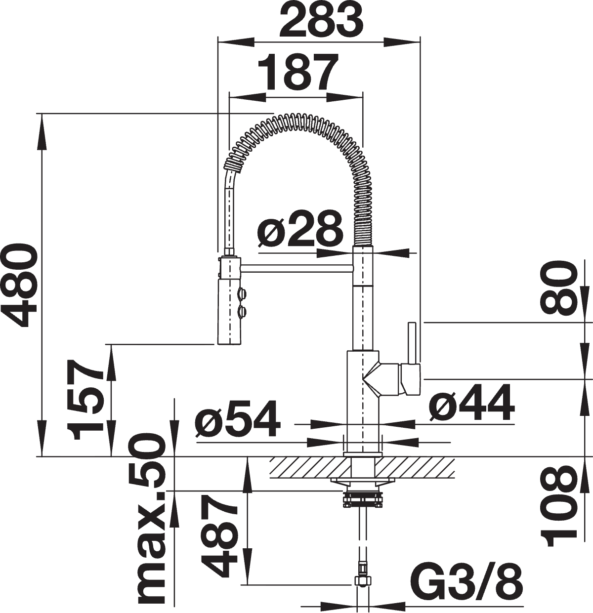 BLANCO Catris-S Single Lever Kitchen Mixer Tap with Pull Out Spray Dimensions