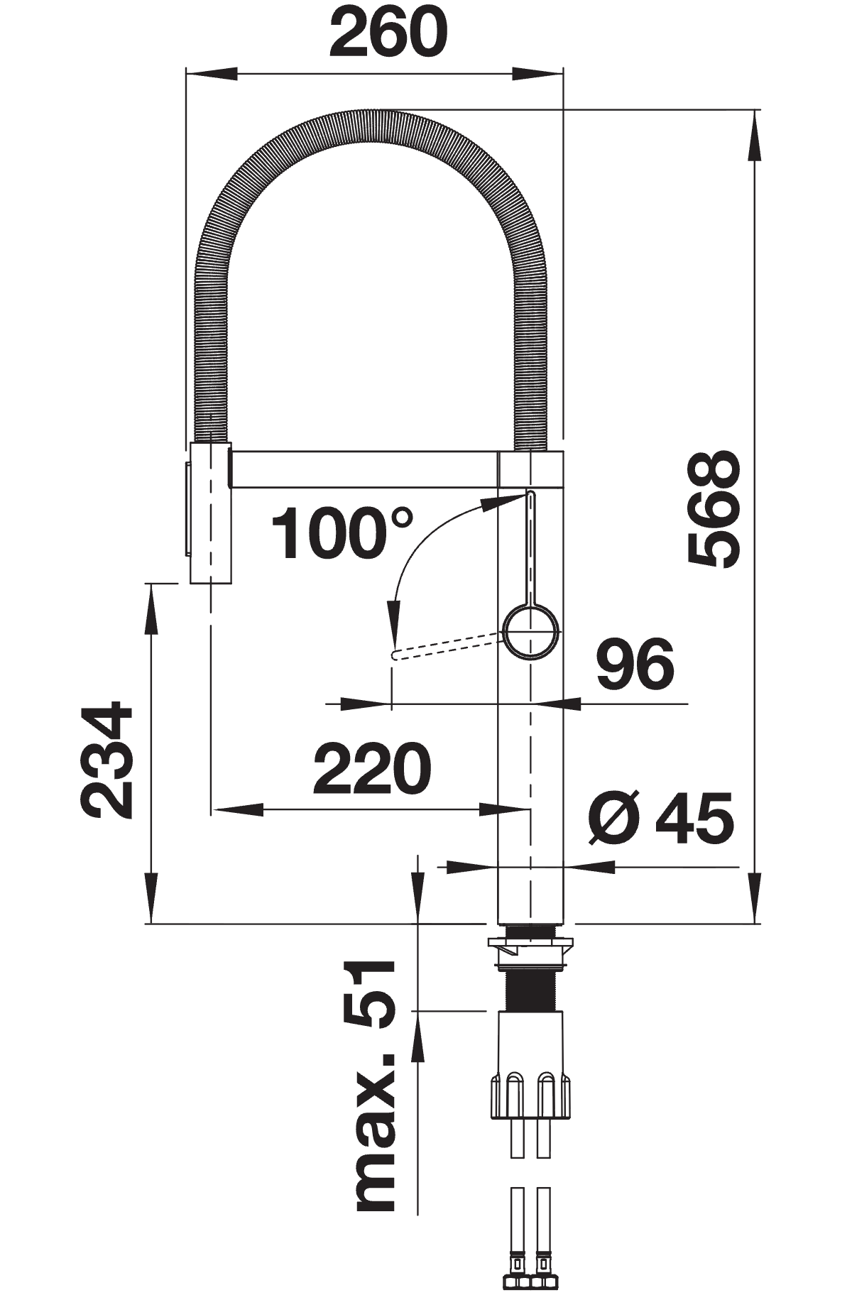 BLANCO Culina S II Single Lever Kitchen Mixer Tap with Pull Out Spray Dimensions