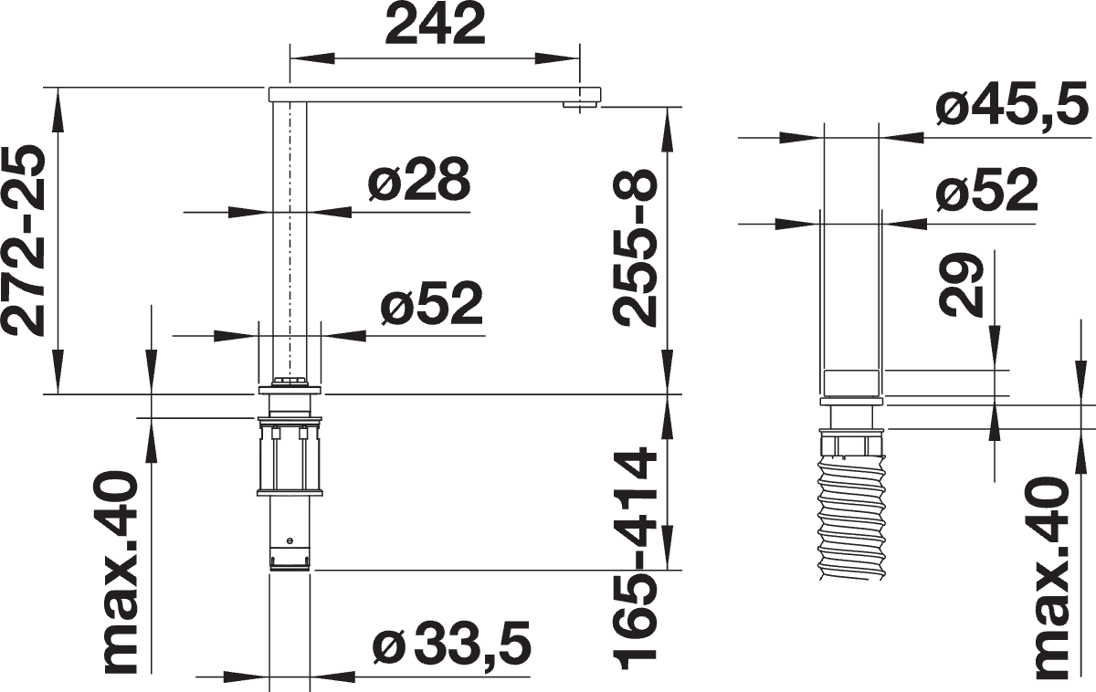 BLANCO Eloscope-F II Single Lever Kitchen Mixer Tap Dimensions