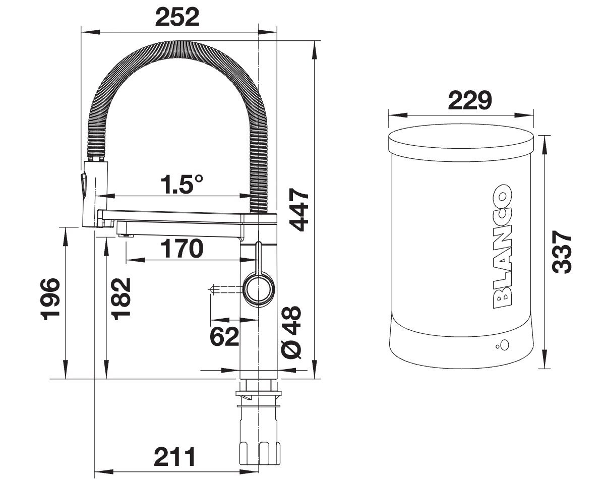 BLANCO Evol-S Pro 4-in-1 Boiling Water Kitchen Tap Dimensions