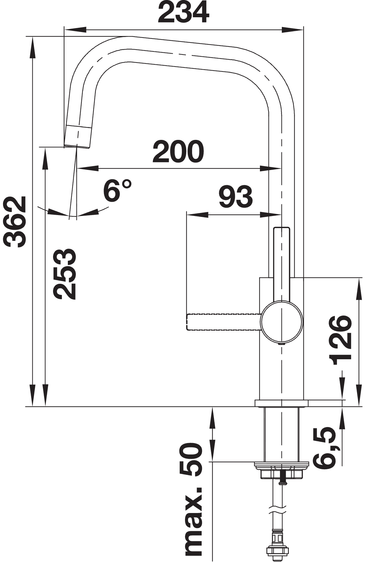 BLANCO Jandora Single Lever Kitchen Mixer Tap Dimensions