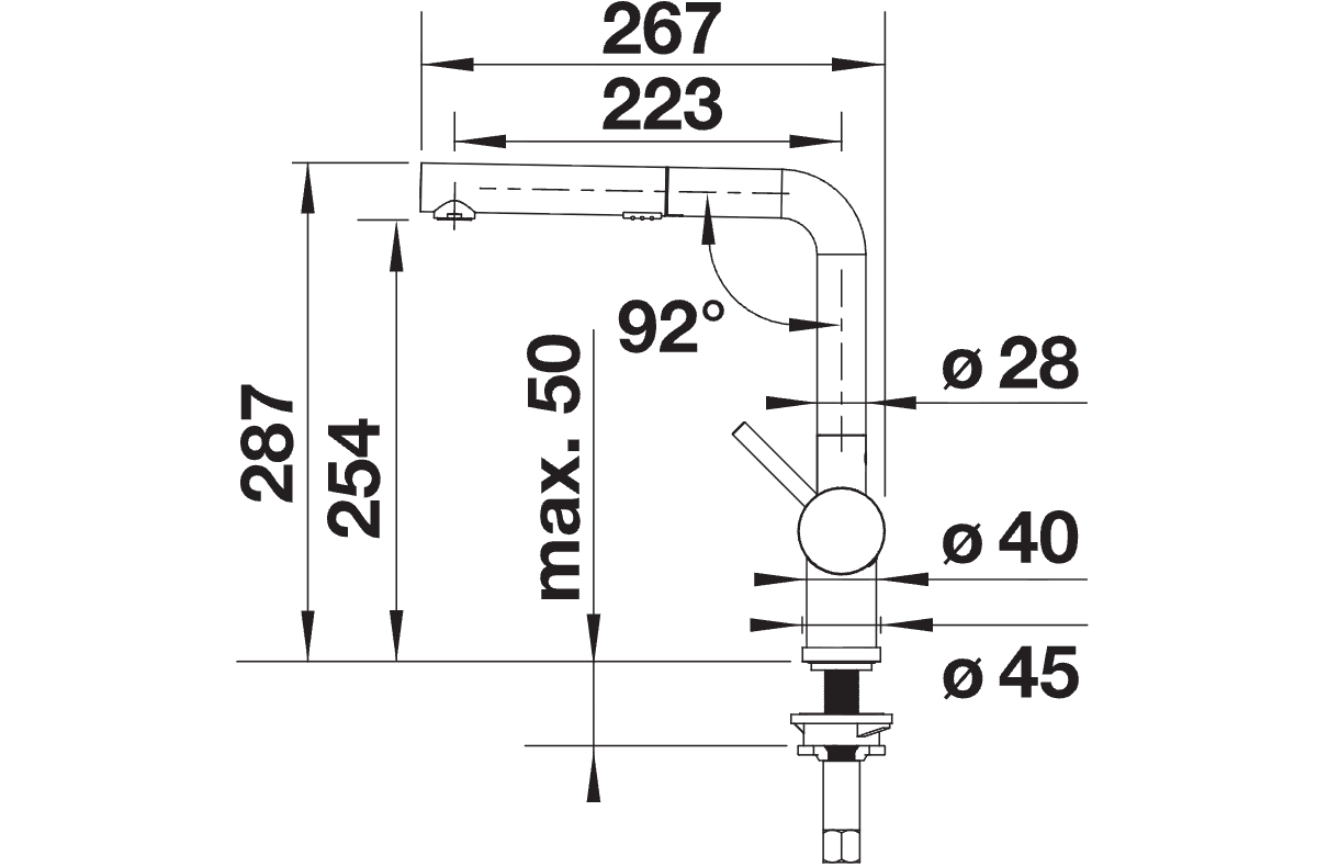 BLANCO Linus-S Vario Single Lever Kitchen Mixer Tap with Pull Out Spray Dimensions