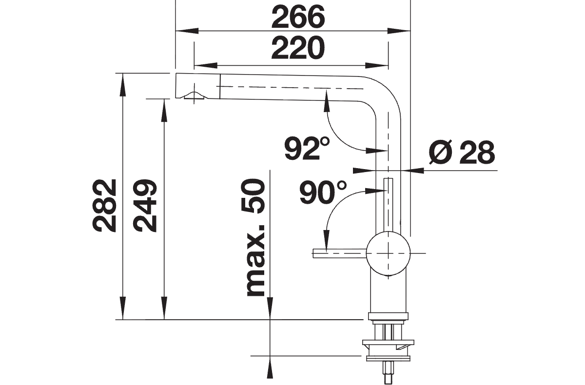 BLANCO Linus Single Lever Kitchen Mixer Tap with 360° Swivel Spout Dimensions