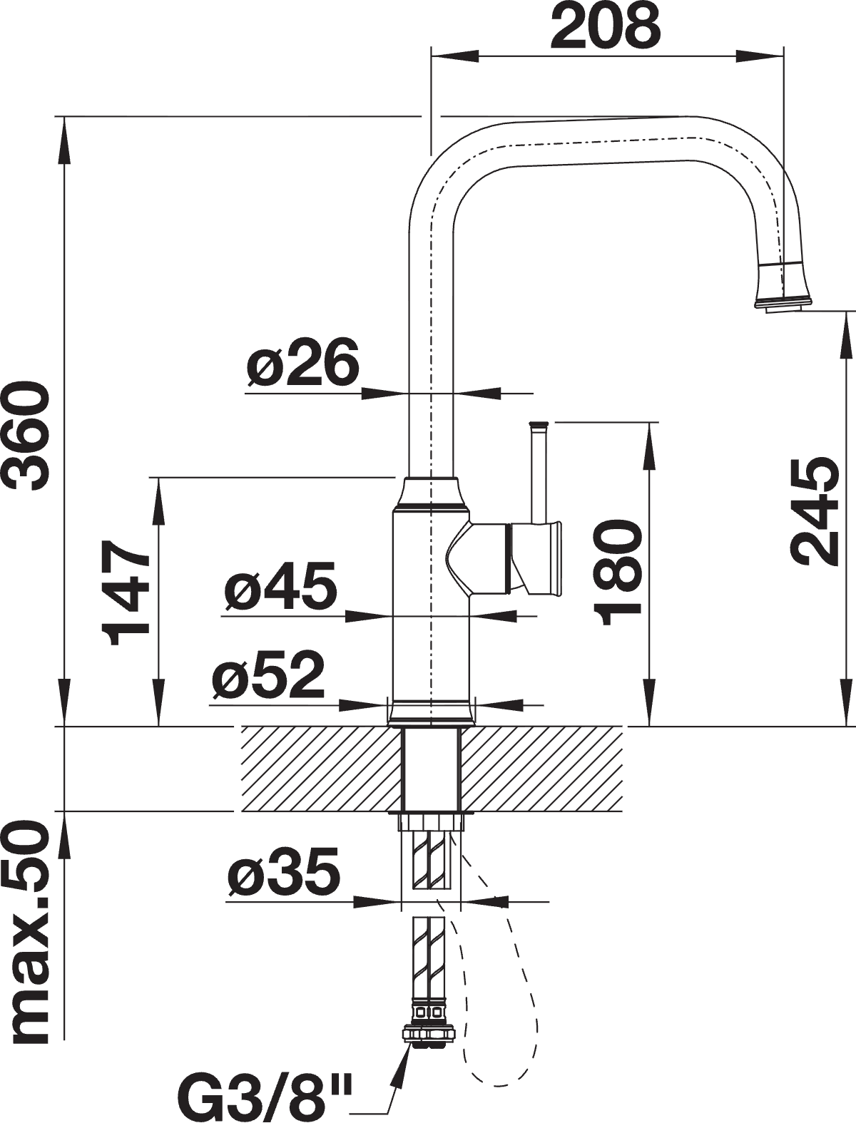 BLANCO Livia-S Single Lever Kitchen Mixer Tap with Pull Down Spray Dimensions