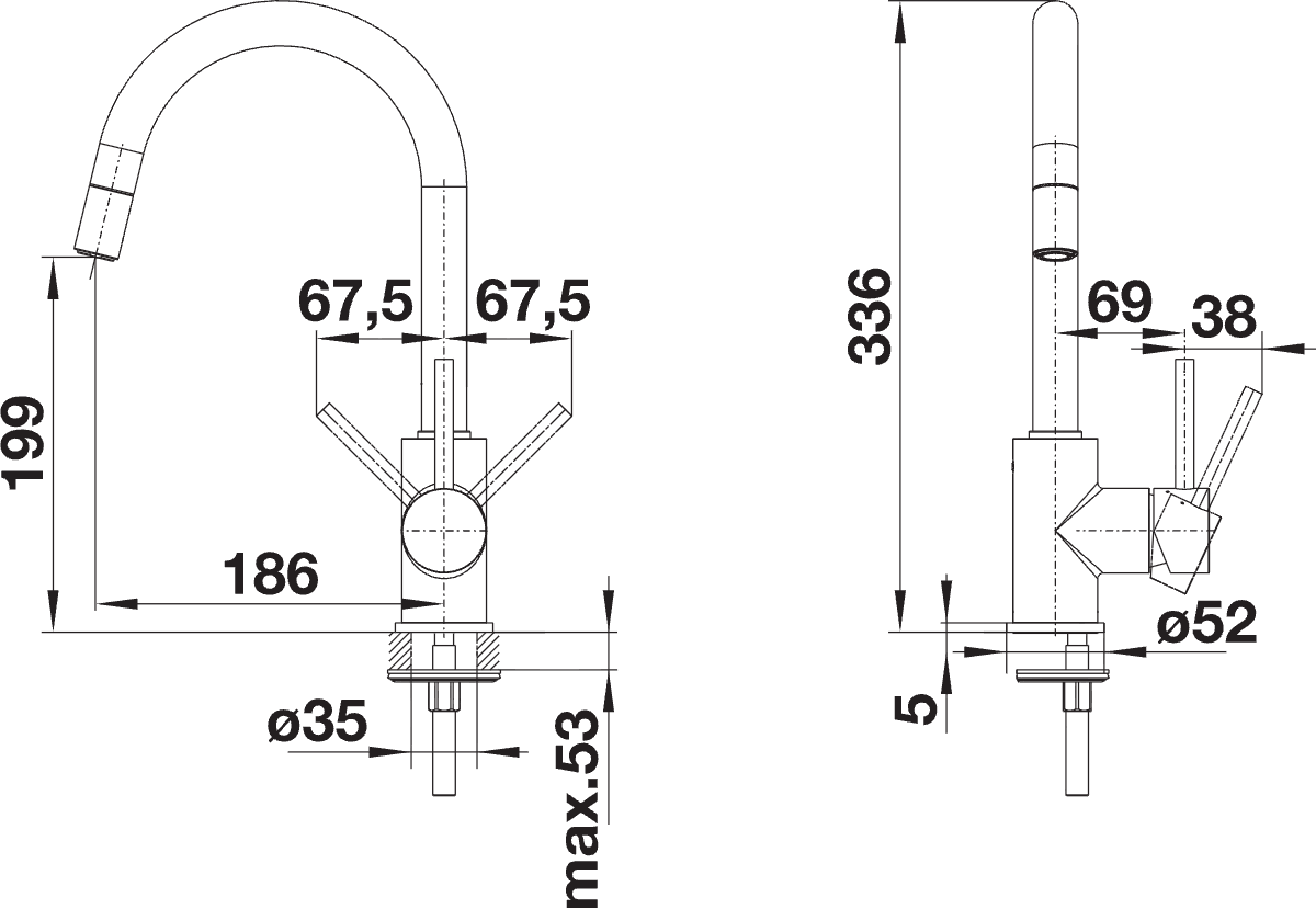 BLANCO Mida-S Single Lever Kitchen Mixer Tap with Pull-Down Handspray Dimensions