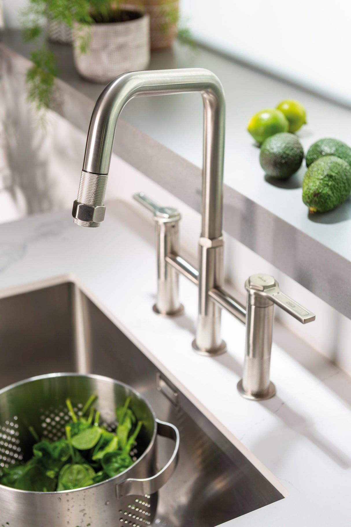 Abode Hex Dual Lever Pull Out Spray Bridge Kitchen Mixer Tap