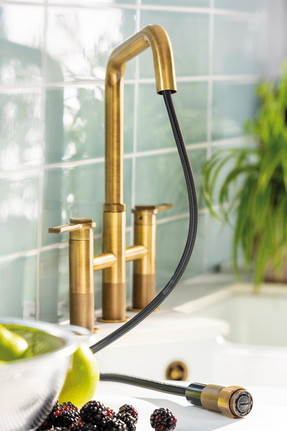 Abode Hex Dual Lever Pull Out Spray Bridge Kitchen Mixer Tap