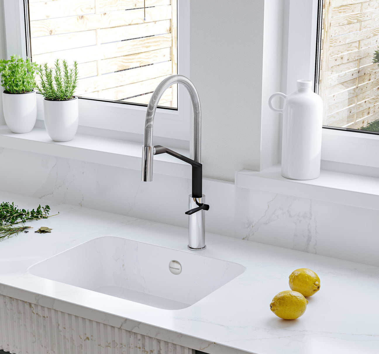 Silestone Integrity Due L & Nobili Heron Semi Pro in Chrome and Matt Black Kitchen Tap Pull Out Collection