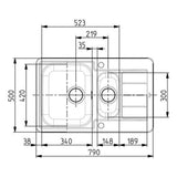 Technical Drawing with Dimensions for Alveus Line 70 Inset Sink For 500mm Cabinet in One and Half Bowl Stainless Steel