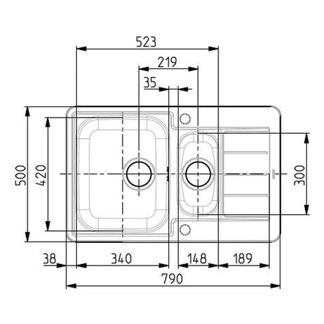 Technical Drawing with Dimensions for Alveus Line 70 Inset Sink For 500mm Cabinet in One and Half Bowl Stainless Steel