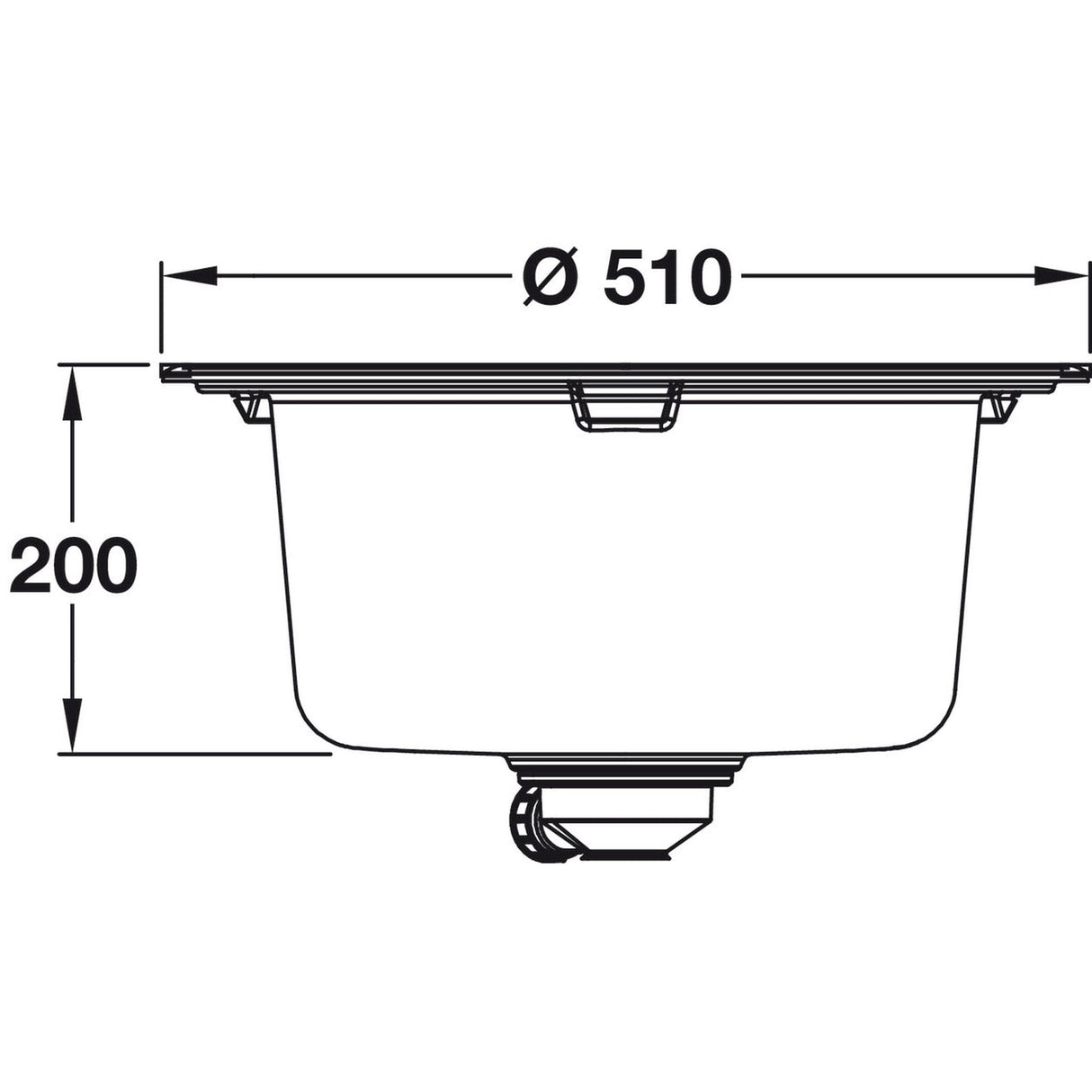 Technical drawing with dimensions for the Grohe K200 Inset Mount Single Bowl, Quartz Composite Kitchen Sink For 500mm Cabinet in Stainless Steel Black 