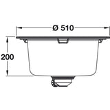 Technical drawing with dimensions for the Grohe K200 Inset Mount Single Bowl, Quartz Composite Kitchen Sink For 500mm Cabinet in Stainless Steel Black 