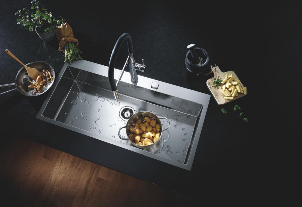 GROHE K800 120-S 1.0 Bowl Inset Kitchen Sink in Satin Finish with GROHE Whisper Insulation & Angular Diamond Base