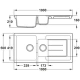 Abode Acton Inset Mount One And Quarter Bowl Kitchen Sink For 600mm Cabinet in Fire Clay Ceramic  White 56990520 Dimension