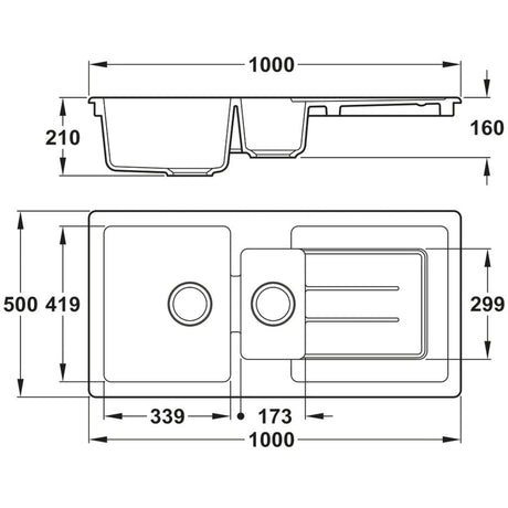 Abode Acton Inset Mount One And Quarter Bowl Kitchen Sink For 600mm Cabinet in Fire Clay Ceramic  White 56990520 Dimension