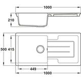 Abode Acton Inset Mount Single Bowl Kitchen Sink For 600mm Cabinet in Fire Clay Ceramic White 56990519 Dimension