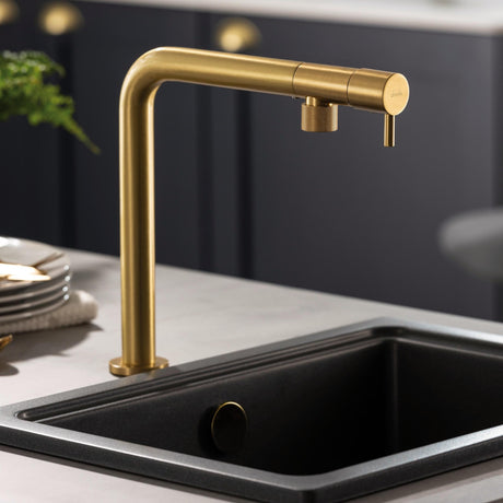 Abode Agilis L-Spout Tap With Single Lever Brushed Brass Life Style
