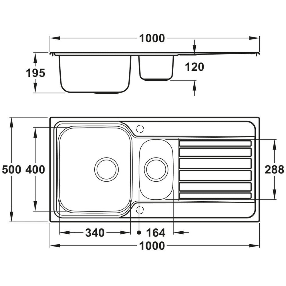 Abode Connekt Inset Mount One and Half Bowl Kitchen Sink For 600mm Cabinet in Stainless Steel 56990446 Dimension
