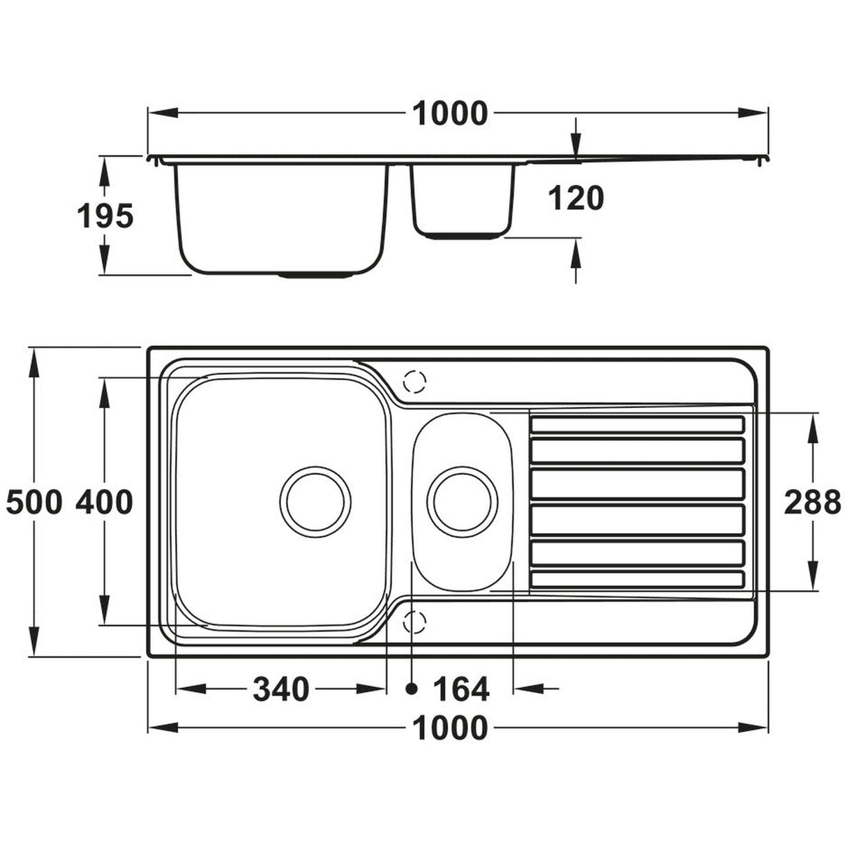 Abode Connekt Inset Mount One and Half Bowl Kitchen Sink For 600mm Cabinet in Stainless Steel 56990446 Dimension