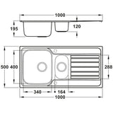 Abode Connekt Inset Mount One and Half Bowl Kitchen Sink For 600mm Cabinet in Stainless Steel 56990446 Dimension