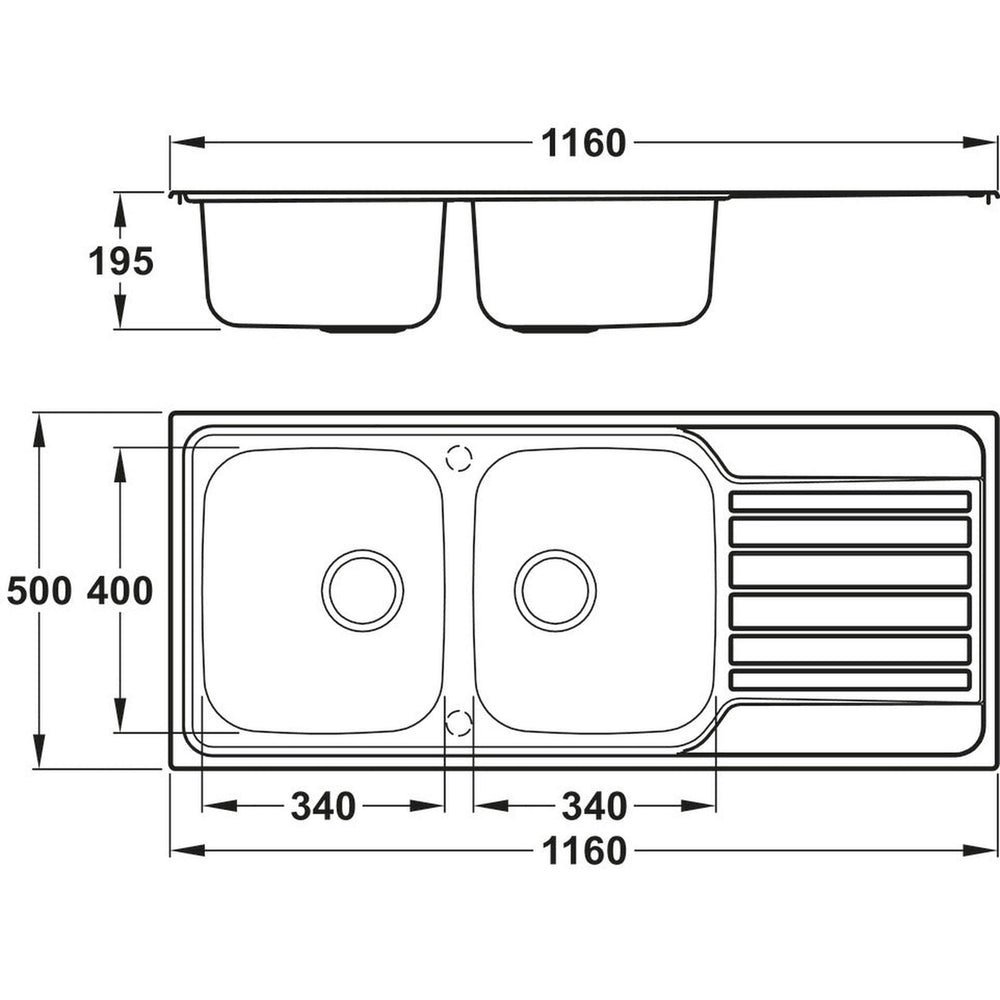 Abode Connekt Inset mount Double Bowl Kitchen Sink For 800mm Cabinet in Stainless Steel 56990447 Dimensions