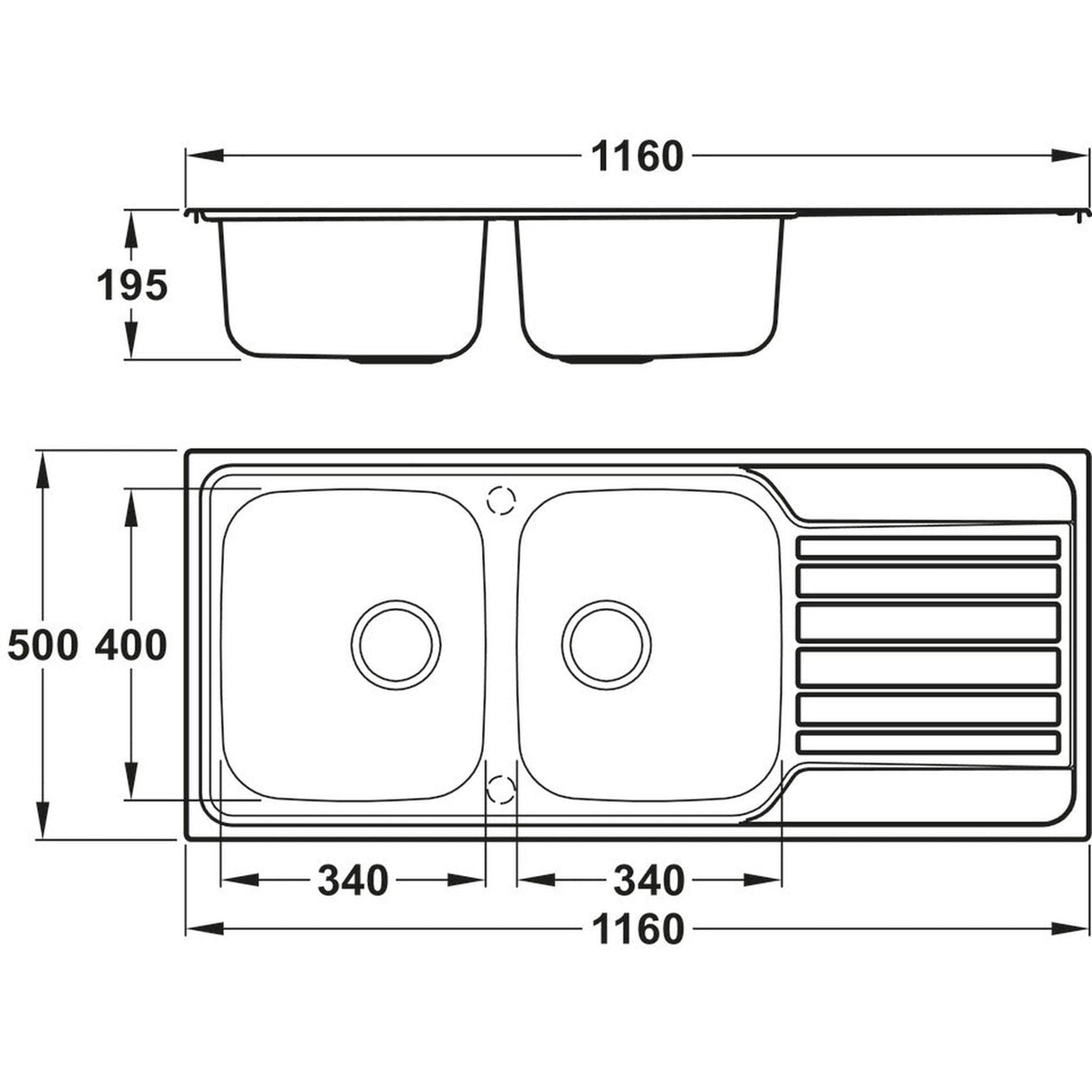Abode Connekt Inset mount Double Bowl Kitchen Sink For 800mm Cabinet in Stainless Steel 56990447 Dimensions