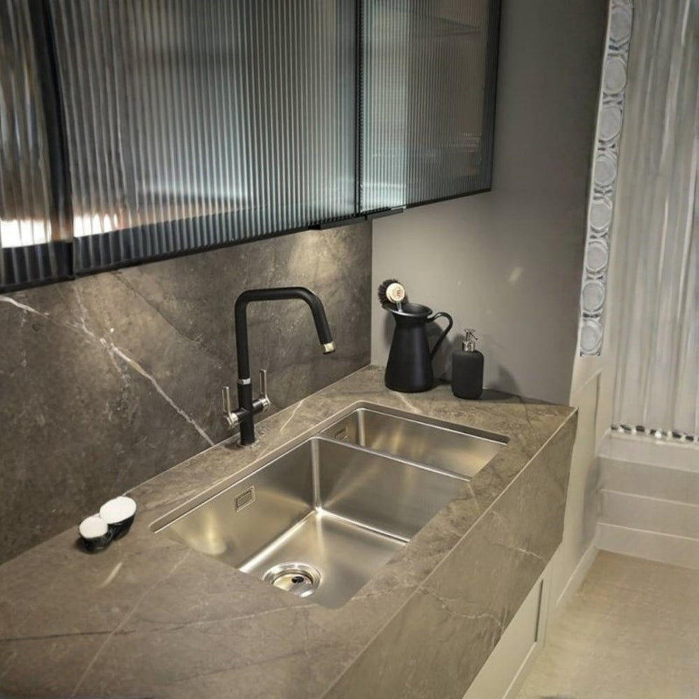 Abode Hex Dual Lever Kitchen Mixer Tap in Matt Black/Brushed Nickel Life Style