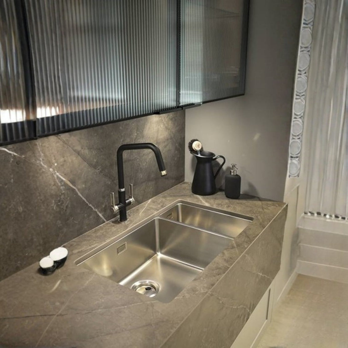 Abode Hex Dual Lever Kitchen Mixer Tap in Matt Black/Brushed Nickel Life Style