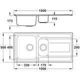 Abode Ixis Inset Mount One and half Bowl Kitchen Sink For 600mm Cabinet in Stainless Steel 56990454  Dimension