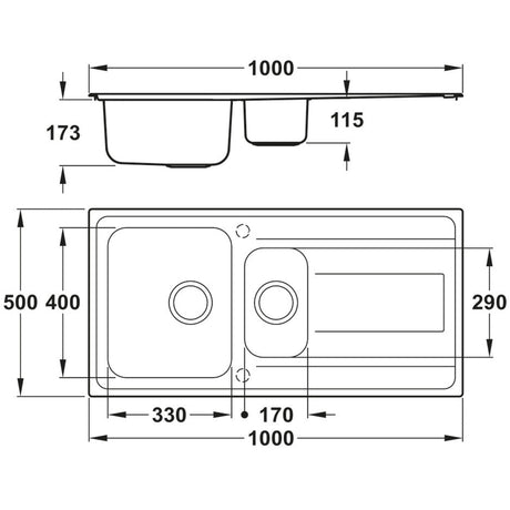 Abode Ixis Inset Mount One and half Bowl Kitchen Sink For 600mm Cabinet in Stainless Steel 56990454  Dimension