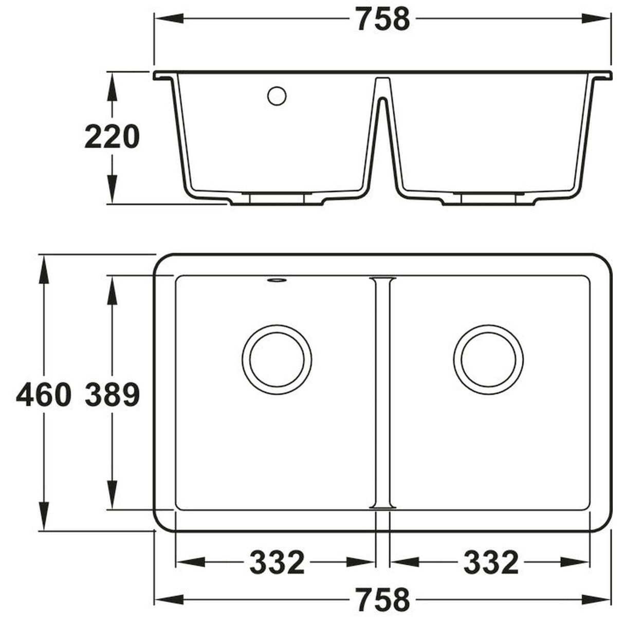 Abode Matrix GR15 Undermount Double Bowl Kitchen Sink For 800mm Cabinet in Composite Dimension