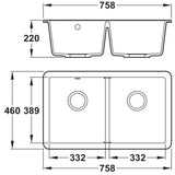 Abode Matrix GR15 Undermount Double Bowl Kitchen Sink For 800mm Cabinet in Composite Dimension