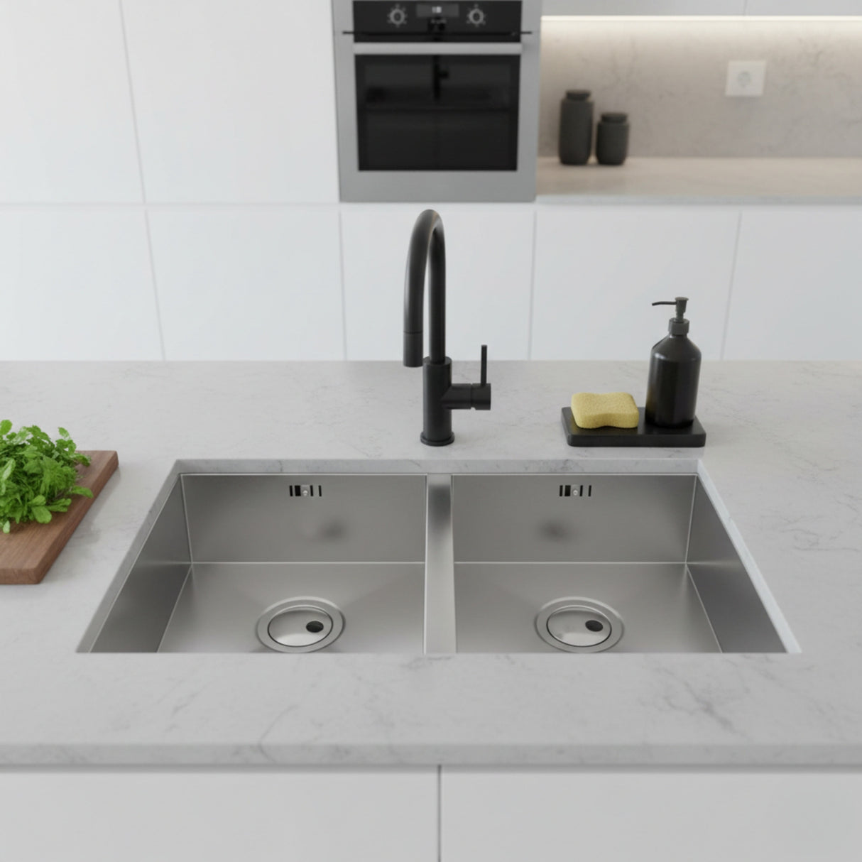 Abode Matrix R0 Undermount  Double Bowl Kitchen Sink For 800mm Cabinet in Stainless Steel Brushed Life Style