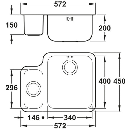 Abode Matrix R50 Undermount One and Half Bowl Kitchen Sink For 600mm Cabinet in Stainless Steel Brushed 57745161 Dimention