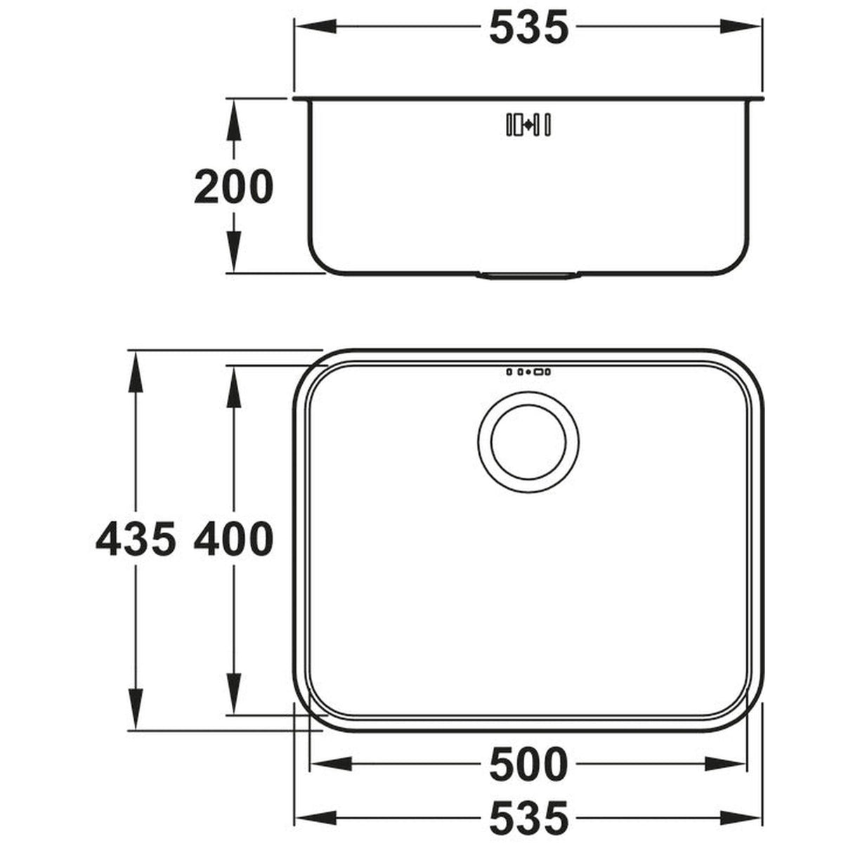 Abode Matrix R50 Undermount Single Bowl Kitchen Sink For 600mm Cabinet in Stainless Steel 
Brushed 57745150 Dimension