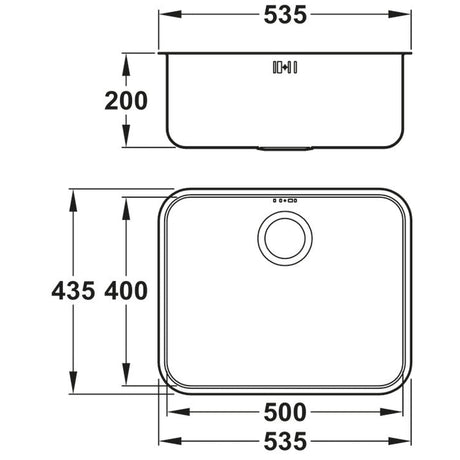 Abode Matrix R50 Undermount Single Bowl Kitchen Sink For 600mm Cabinet in Stainless Steel 
Brushed 57745150 Dimension