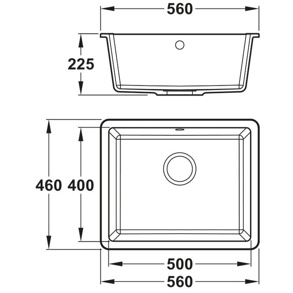 Abode Matrix SQ GR15  Undermount Inset Mount Single Bowl Kitchen Sink For 600mm Cabinet in Composite Dimension