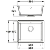 Abode Matrix SQ GR15  Undermount Inset Mount Single Bowl Kitchen Sink For 600mm Cabinet in Composite Dimension