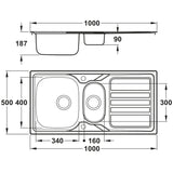 Abode Mikro Inset Mount One and Half Bowl Kitchen Sink For 600mm Cabinet in Stainless Steel 56990449 Dimension