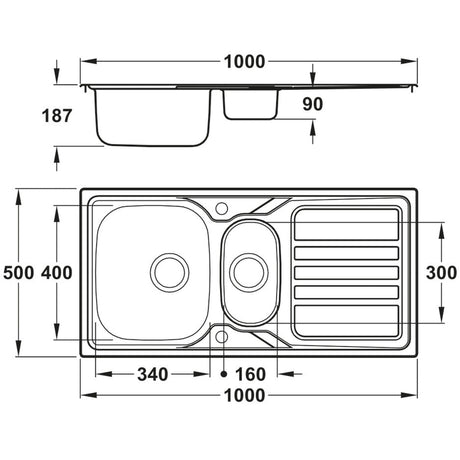 Abode Mikro Inset Mount One and Half Bowl Kitchen Sink For 600mm Cabinet in Stainless Steel 56990449 Dimension