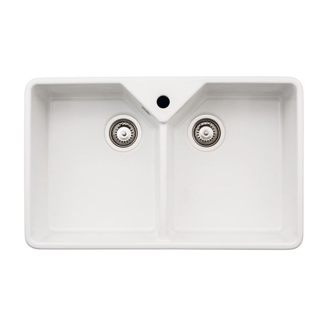 Abode Provincial Belfast Mount Double Bowl Kitchen Sink For 800mm Cabinet in Ceramic White 57747720