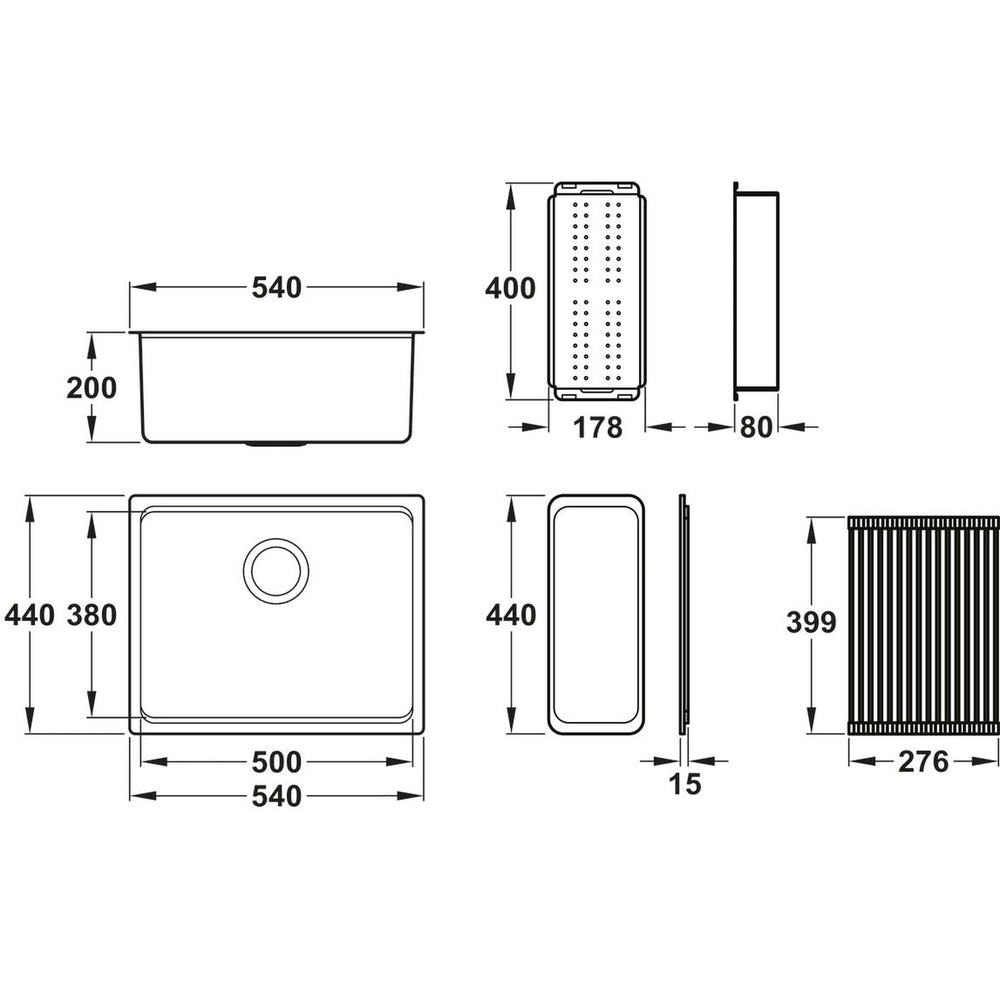 Abode System Sync Undermount Inset Mount Single Bowl Kitchen Sink Accessories For 800mm Cabinet in Stainless Steel 56990460 Dimension