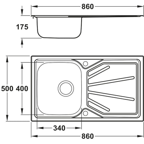 Abode Trydent Inset Mount  Single Bowl Kitchen Sink For 450mm Cabinet in Stainless Steel 56990450 Dimension